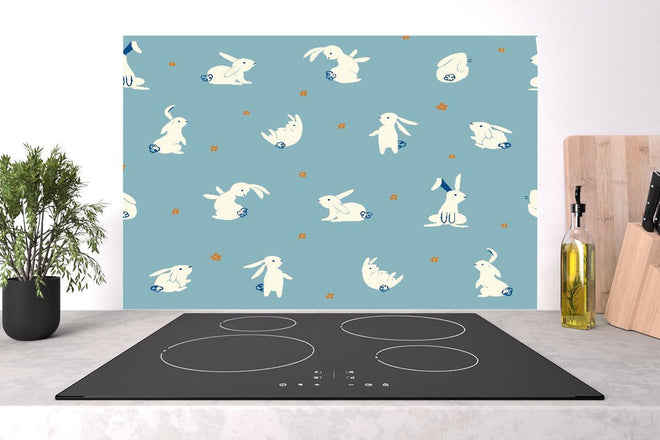 Spritzschutz - Kindliches Kaninchen Muster auf Blau