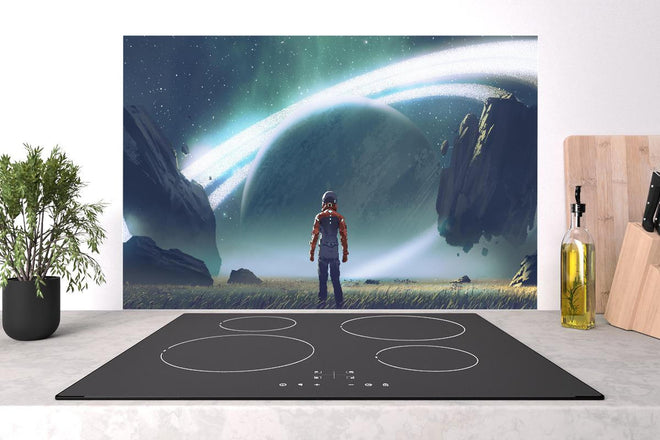 Spritzschutz - Kosmischer Astronaut beim Planetenblick