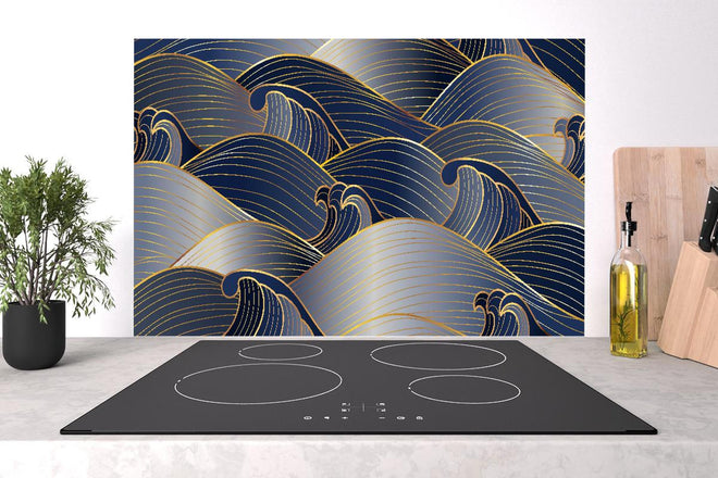 Spritzschutz - Luxuriöse Wellenmuster in Gold und Blau