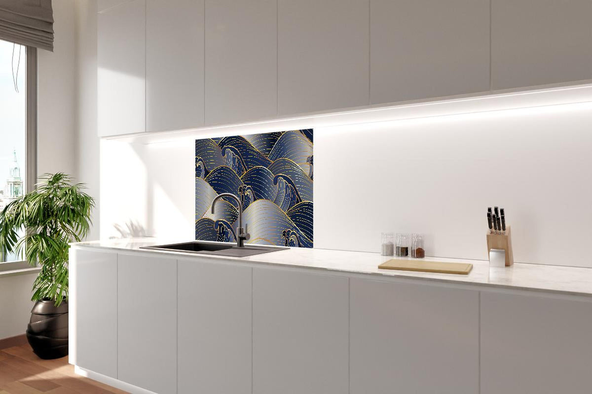 Spritzschutz - Luxuriöse Wellenmuster in Gold und Blau