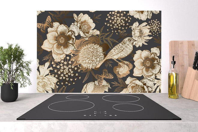 Spritzschutz - Luxuriöses Goldbraun Pfau & Blumen Muster