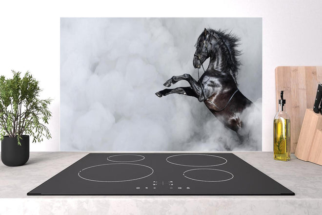 Spritzschutz - Majestätisches schwarzes Pferd umhüllt von Rauch