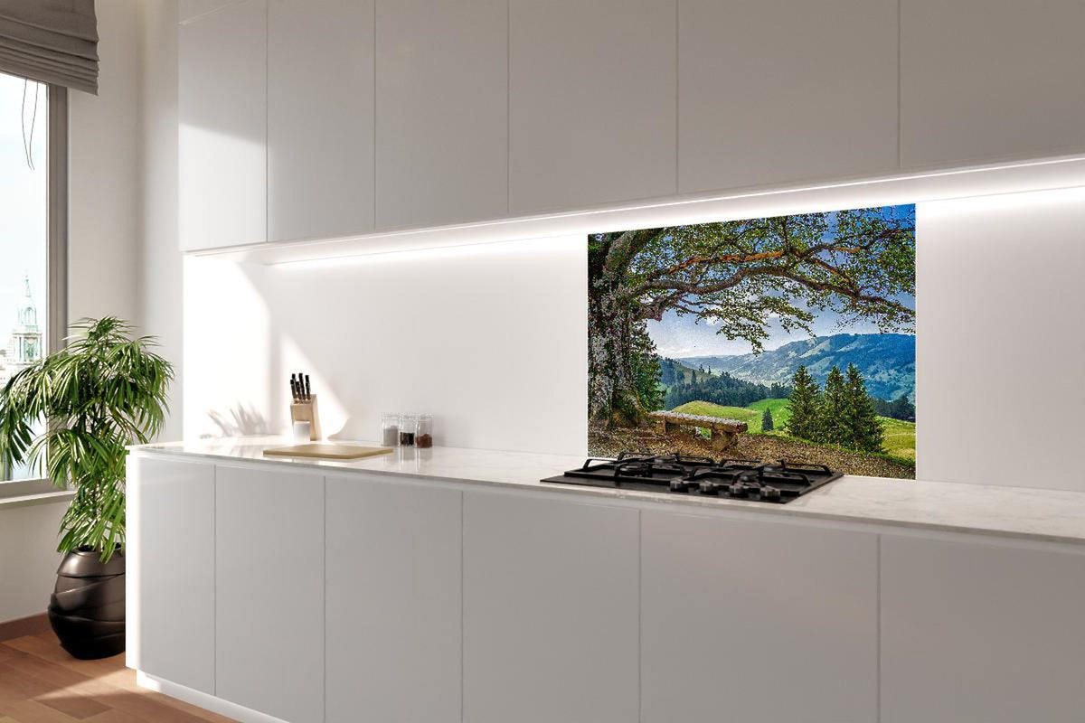 Spritzschutz - Malersche Bergpanorama mit alter Baum
