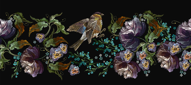 Spritzschutz - Nahtloses Blumen-Vogel-Stickerei-Muster