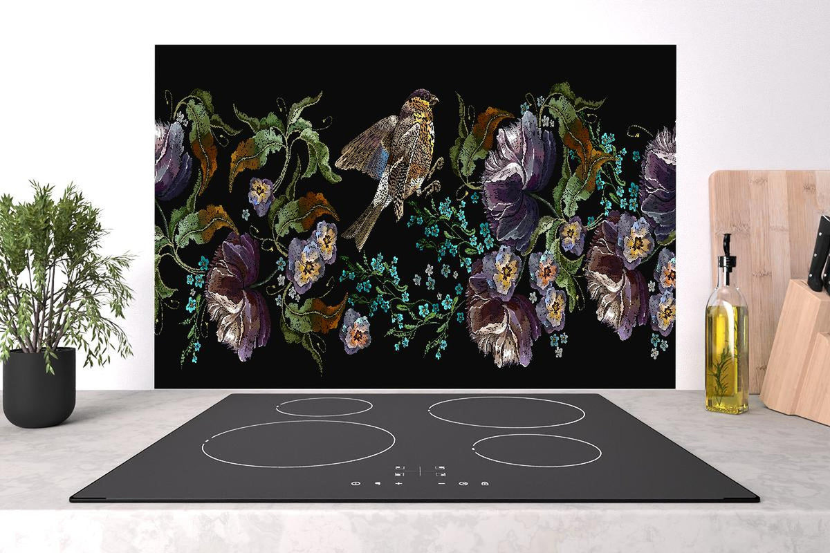 Spritzschutz - Nahtloses Blumen-Vogel-Stickerei-Muster