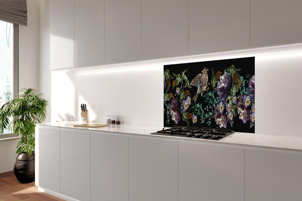 Spritzschutz - Nahtloses Blumen-Vogel-Stickerei-Muster