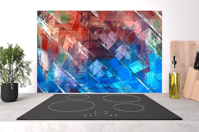 Spritzschutz - Ölmalerei Kunstwerk mit Textur in Burgunder Blau Braun