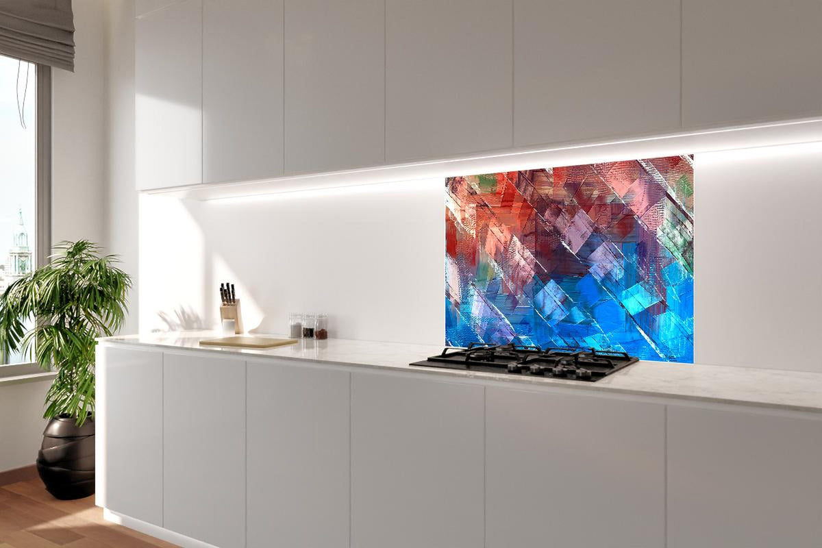 Spritzschutz - Ölmalerei Kunstwerk mit Textur in Burgunder Blau Braun
