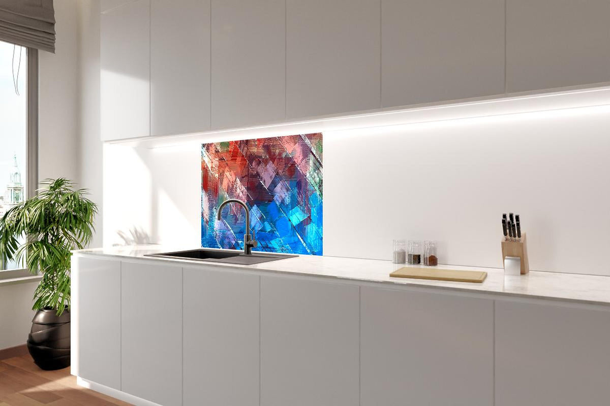 Spritzschutz - Ölmalerei Kunstwerk mit Textur in Burgunder Blau Braun