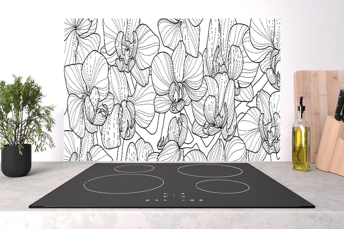 Spritzschutz - Orchideen Linienkunst in Schwarz-Weiß