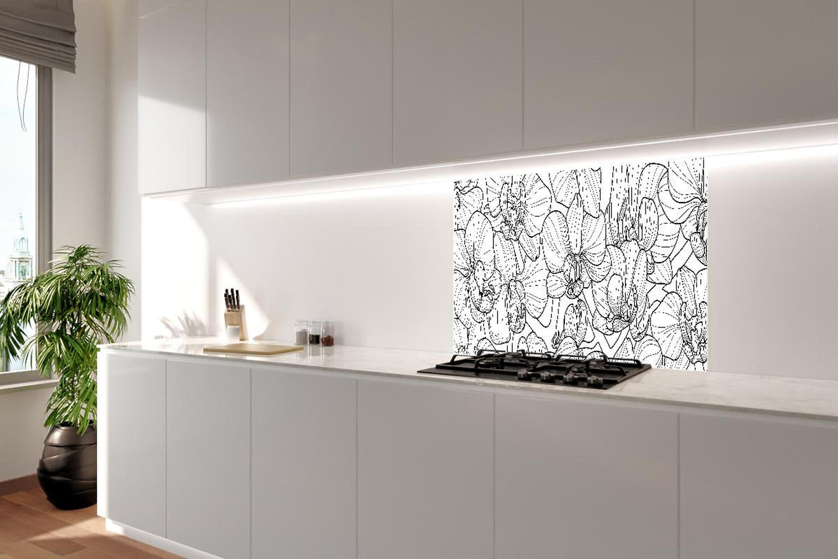 Spritzschutz - Orchideen Linienkunst in Schwarz-Weiß