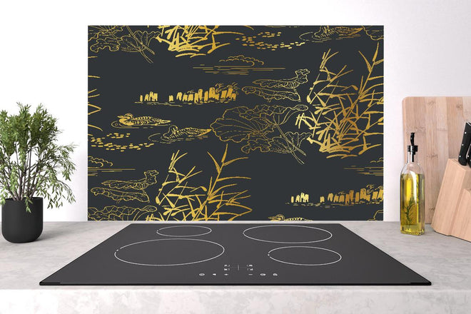 Spritzschutz - Orientalische Goldmuster Nachtblaue Tapete