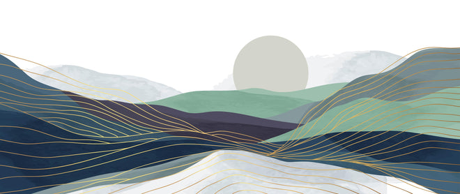 Spritzschutz - Pastellige Hügel Grafik mit Sonnenmotiv