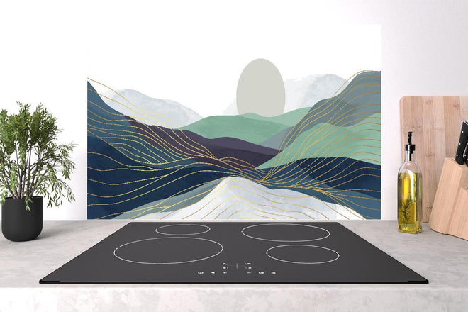 Spritzschutz - Pastellige Hügel Grafik mit Sonnenmotiv