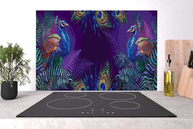 Spritzschutz - Pfau Stickerei Kunst mit Palmen