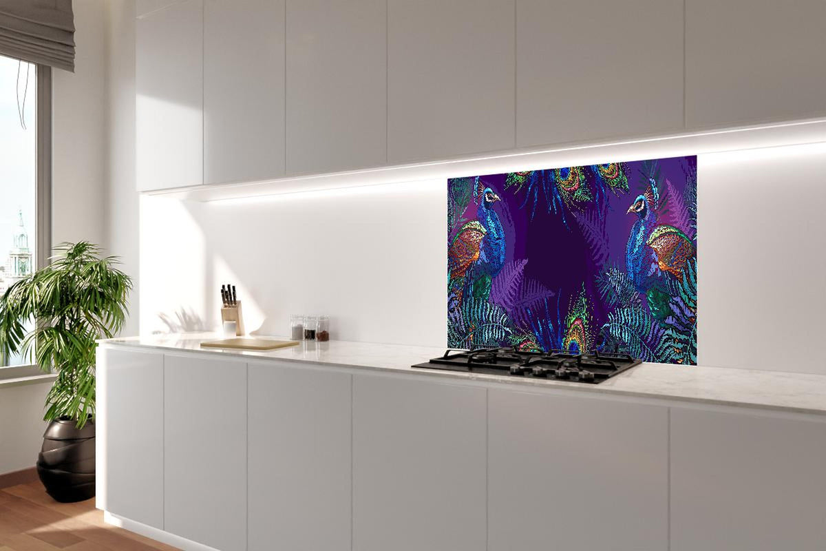 Spritzschutz - Pfau Stickerei Kunst mit Palmen