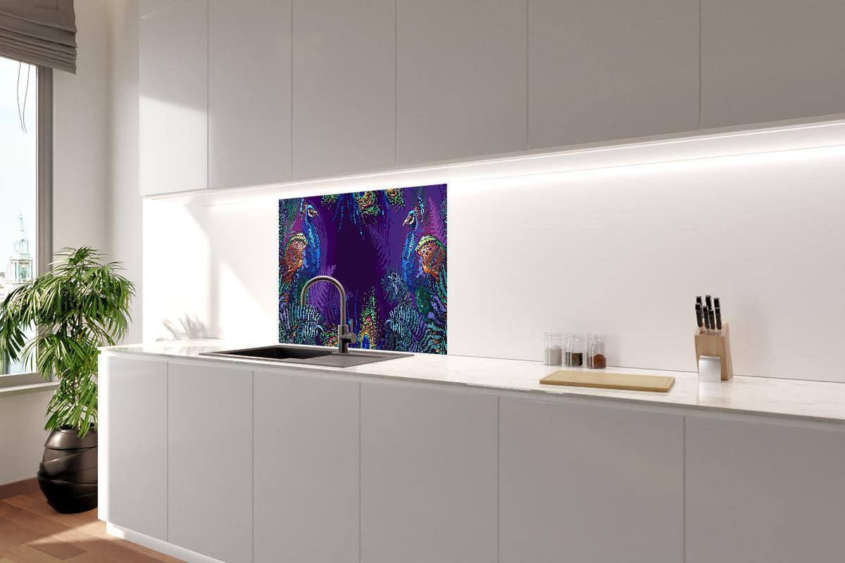 Spritzschutz - Pfau Stickerei Kunst mit Palmen