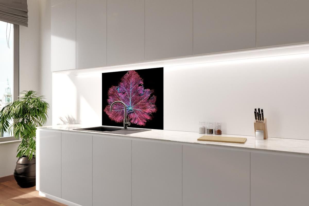 Spritzschutz - Rötliches Blatt auf schwarzem Hintergrund