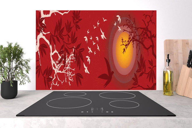 Spritzschutz - Roter Himmel Vogelschwarm Silhouetten