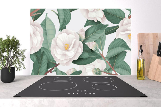 Spritzschutz - Semi-Double Camellia Floral Weiß-Grau