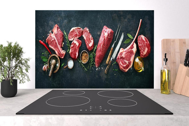 Spritzschutz - Steakvariationen auf Schieferplatte