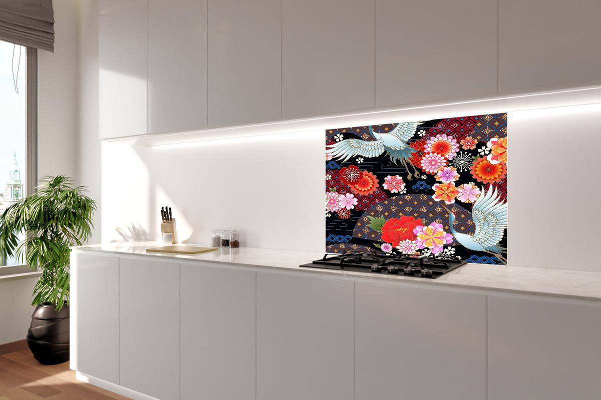 Spritzschutz - Traditionelles Muster mit Vögeln und Blumen
