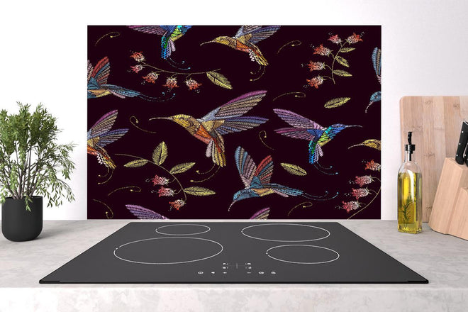 Spritzschutz - Tropische Kolibri-Blumen-Stickerei