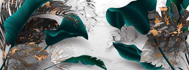 Spritzschutz - Türkis-Graue Blattkunst mit Goldakzenten