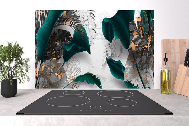 Spritzschutz - Türkis-Graue Blattkunst mit Goldakzenten