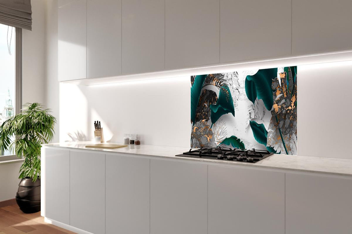 Spritzschutz - Türkis-Graue Blattkunst mit Goldakzenten