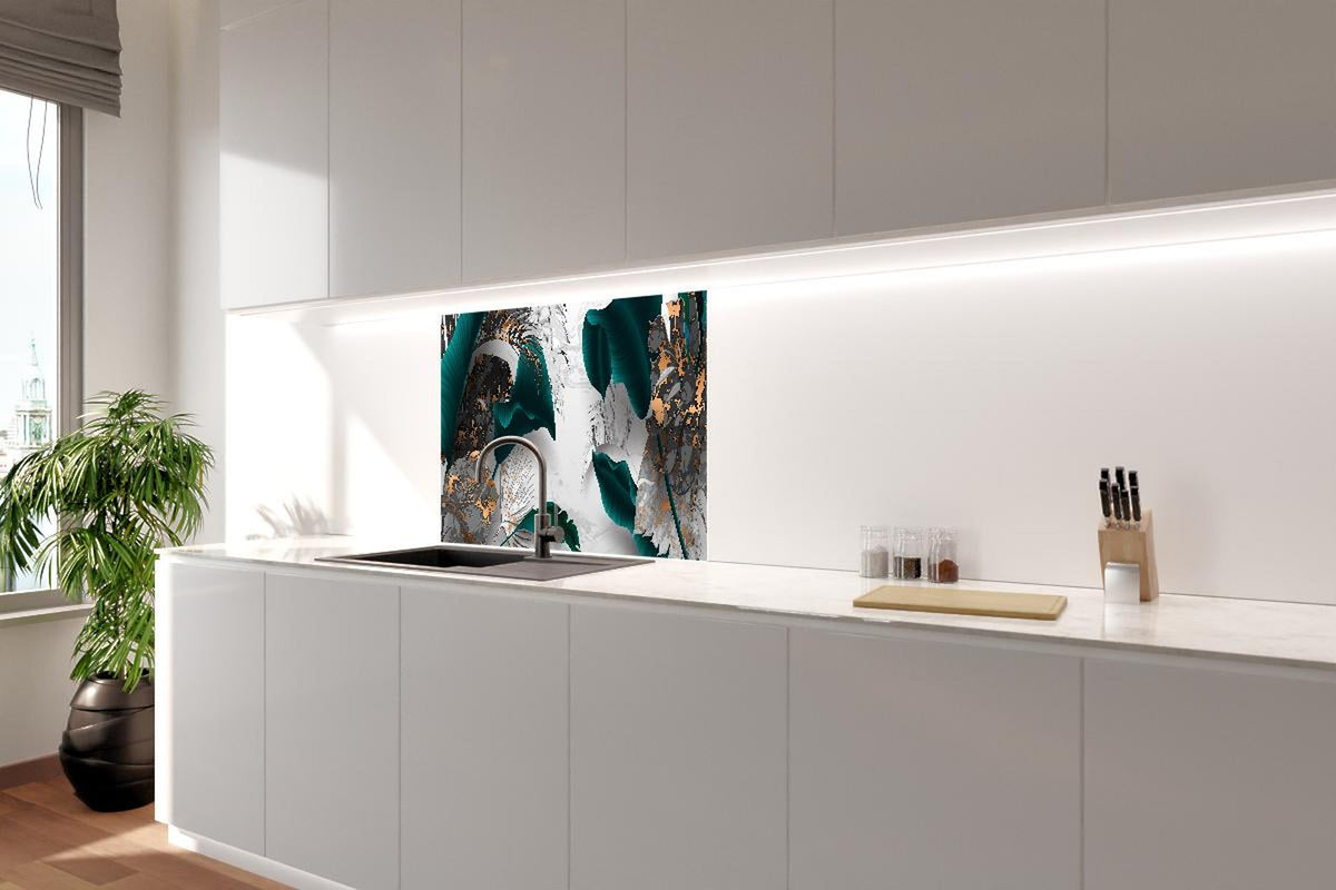 Spritzschutz - Türkis-Graue Blattkunst mit Goldakzenten