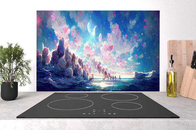 Spritzschutz - Verträumte Meeresansicht mit Rosa Wolken