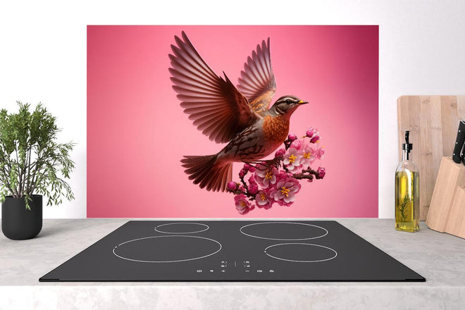 Spritzschutz - Vogel mit rosa Sakura Blütenzweig