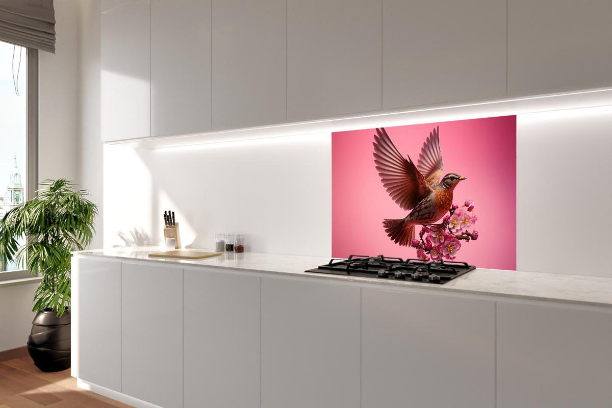 Spritzschutz - Vogel mit rosa Sakura Blütenzweig