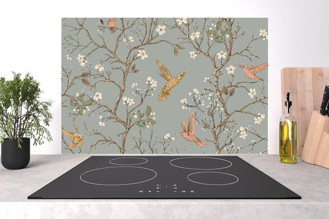 Spritzschutz - Vogelmotiv Blumenzweige auf Grau