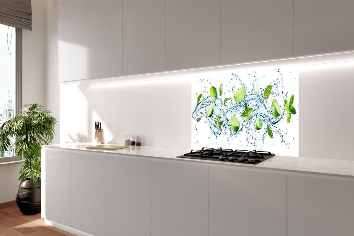 Spritzschutz - Wasserspritzer mit Minzblättern und Limettenspalten