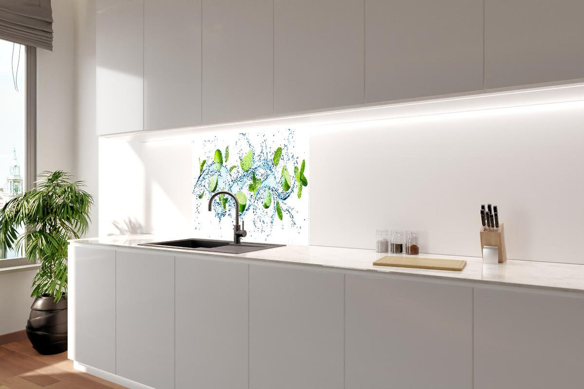 Spritzschutz - Wasserspritzer mit Minzblättern und Limettenspalten