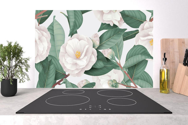 Spritzschutz - Weiße Semi-double Camellias auf Grau