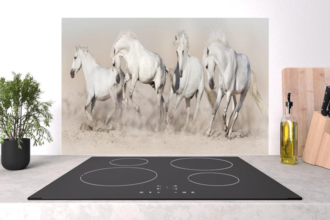 Spritzschutz - Weiße Wildpferde Staubwolke Wüste