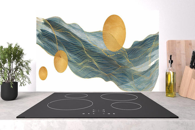 Spritzschutz - Wellenmuster mit goldenen Kreisen Kunst