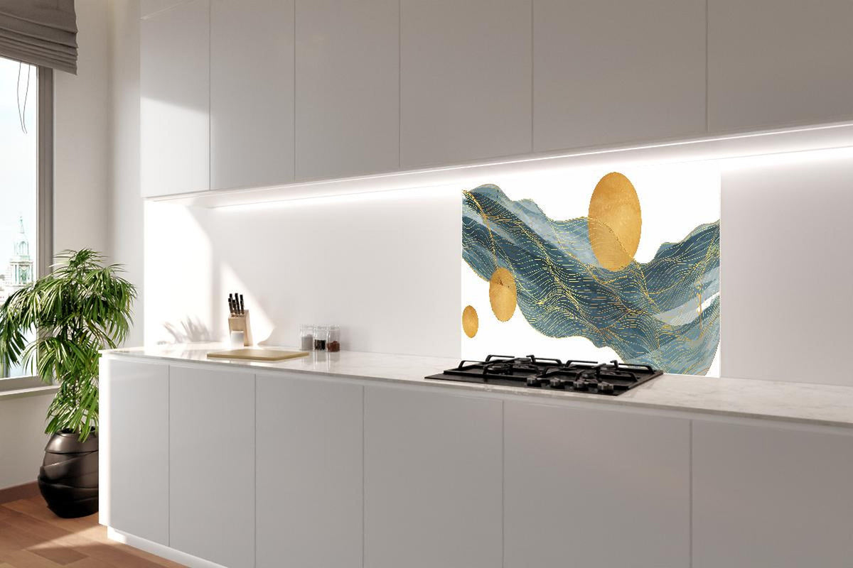Spritzschutz - Wellenmuster mit goldenen Kreisen Kunst