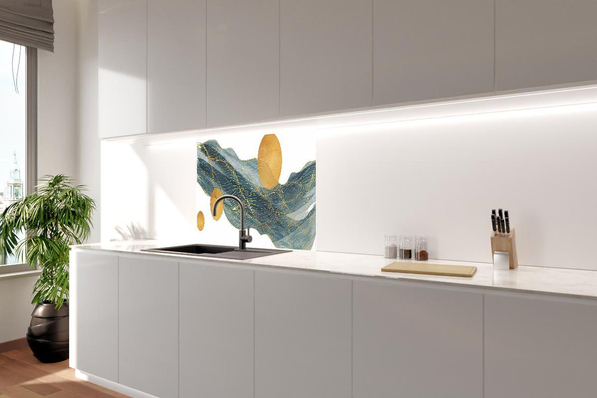 Spritzschutz - Wellenmuster mit goldenen Kreisen Kunst